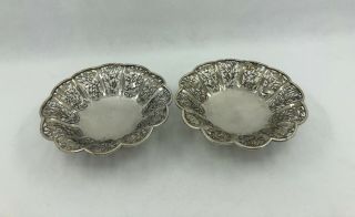 Pair Antique Chinese Export Silver Dishes With Bamboo Prunus,  Luen Hing C1880