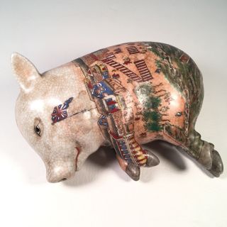 Vintage Hand Painted Porcelain Sleeping Pig Statue Chinese Figurine Lucky Pig