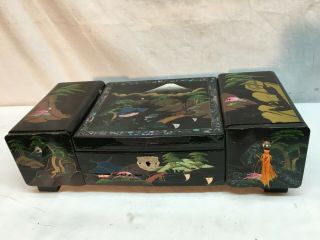 Vintage Asian Black Lacquer Mother Of Pearl Jewelry Box Mid Century