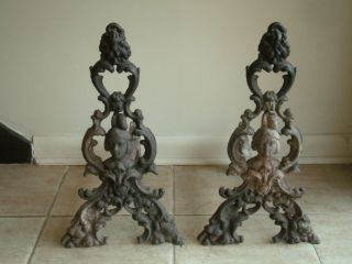 19thc.  Antique Victorian Cast Iron Figural Fireplace Andirons