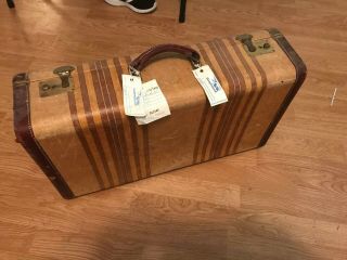Vintage Striped Tweed Suitcase Brown Trim 24” X 14” X 6 1/2”