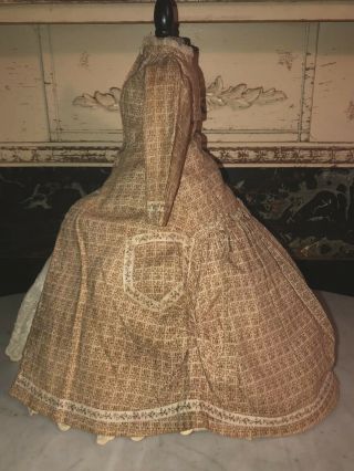 Extraordinary Calico Spun Cotton Antique Doll Dress Greek Key Print & Petticoat