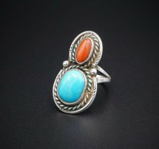 Vintage Southwestern Sterling Silver Turquoise Coral Ring Size 8.  5 1.  3 " Rs2433