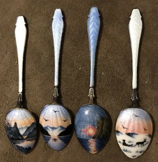 - 4 - Rare Solid Sterling Silver 925 Guilloche Enamel Scenic Spoons Norway