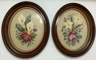 Two Vintage Handmade Needlepoint Floral Rose Oval Picture Glass Wood Frame 10 "