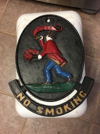 Big Vintage Cast Iron “no Smoking” Fireman Blowing Horn Alarm Bar Decor Sign