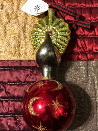 Vintage W Tag Christopher Radko Silver Green Peacock Celestial Peacock Red Ball