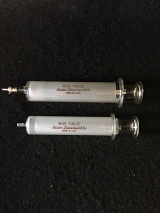 2 Vintage B - D Yale Medical 30cc & 200cc Large Hypodermic Glass Syringe