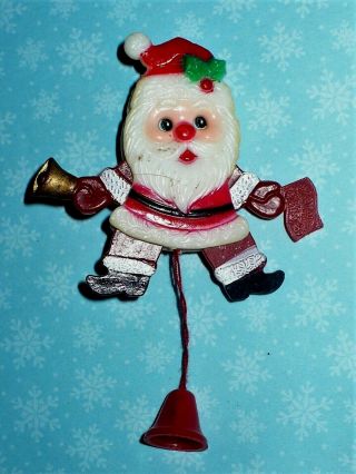 Vintage Christmas Pull String Santa Pin Holding Bell Hong Kong