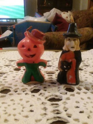 2 Vintage Gurley Halloween Witch With Black Cat Jack - O - Lantern Candles