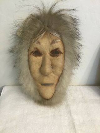Vintage Alaska Eskimo Mask Skin Fur Face Mask Antique Inuit Wall Mount Hanging