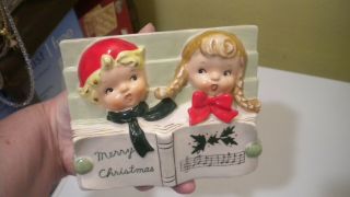 Vintage Napco Christmas Boy & Girl Merry Christmas Planter Or Napkin Holder