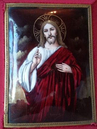Stunning Quality Antique French Limoges Enamel Jesus Christ Sacred Heart Signed