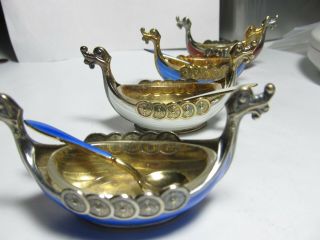4 Sterling Silver Enameled Viking Boats W/ Salt Spoons Signed David Anderson