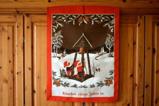 Vintage Swedish Linen Blend Wall Hanging Tapestry Curtain Christmas Tomte Bells