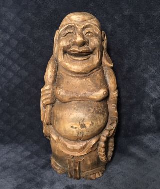 19th Century Chinese Antique Carved Bamboo Laughing Happy Buddha Wooden Statue
