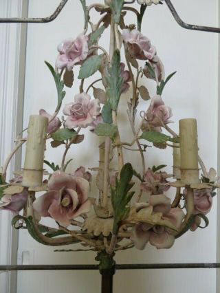 Omg Old Vintage Italian Tole Chandelier Pink Porcelain Roses 5 Lights Gorgeous