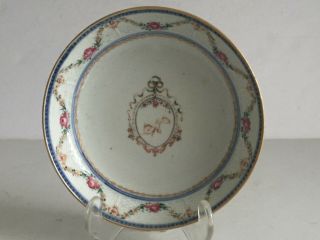 18th Century Chinese Export Armorial Porcelain Saucer Basketweave Rose Garland