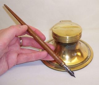 Large Vintage/antique Capstan Brass Inkwell With Eberhard Faber Wooden Dip Pen
