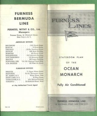 1962 Furness Bermuda Line Cruise Ship Ocean Liner Deck Plan Ocean Monarch