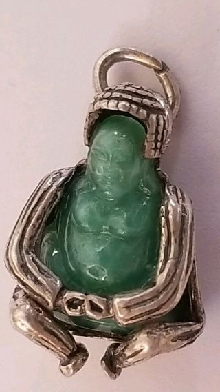 Antique Sterling Silver Green Jade Carved Buddha Pendant Miniature