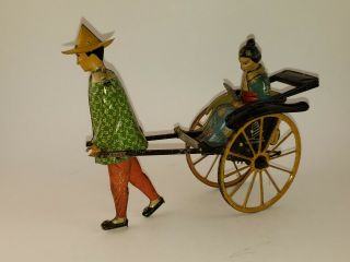 Antique 1927 German Lehmann Masuyama Tin Wind - Up Toy Asian Man Rickshaw & Rider