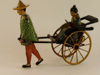 Antique 1927 German Lehmann Masuyama Tin Wind - Up Toy Asian Man Rickshaw & Rider 2