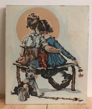 Vintage Norman Rockwell Completed Paint - By - Number Painting/pbn " Little Spooners "