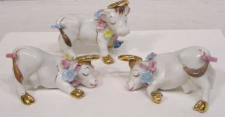 Vintage Set Of Three Figurines Porcelain Flower Bedecked Cows With Halos