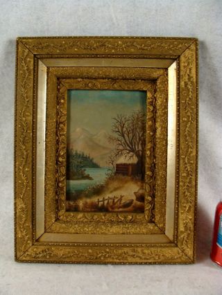 Antique 19c Folk Art Mountain Lake Landscape Painting Ornate Frame