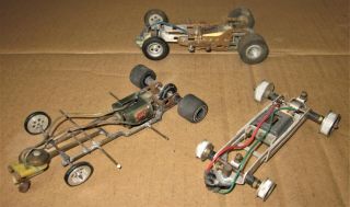 3 Vintage 1960s Scratch - Built Swing - Arm 1/24 Slot Car Chassis/frames With Motors