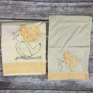 Lillian Vernon Crib Set Embroidered Duck Yellow Baby Sheet Pillowcase Vintage