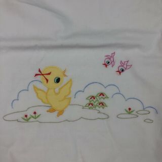 Lillian Vernon White Embroidered Ducks Lake Baby Crib Sheet Bedding Vintage