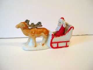 Vintage German Bisque Waving Santa In Reindeer Sleigh Christmas Snowbaby