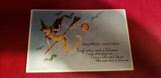Vintage Halloween Postcard H 47 Pretty Witch On Broom Flying And Bats