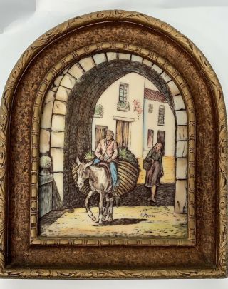 Vintage Artini 4d Framed Sculpture - Man On Donkey With A Woman Following