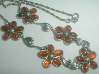 Vintage Art Nouveau Style Sterling Silver Amber Petal Flower Link Necklace Nr
