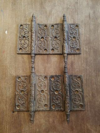 4 - Vintage Eastlake Steeple Tip Door Hinges 3 1/2 " X 3 1/2 ".  Cast Iron
