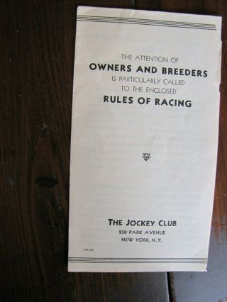 Vintage 1939 Rules Of Racing Pamphlet Jockey Club N.  Y.  Thoroughbred Horse Racing