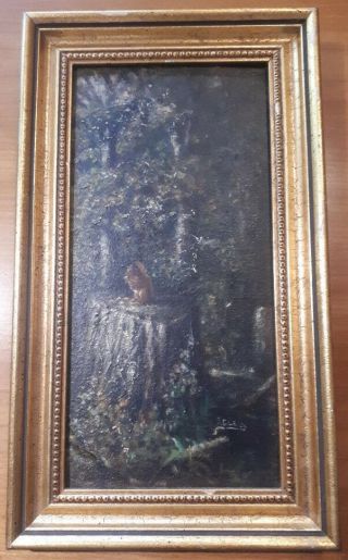 Antique Oil Painitng American School Signed Squirrel Forest Landscape