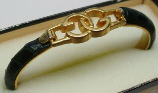 Vintage Italian Mod Dep.  24kt Gold - Plated & Green Leather 6 - 1/2 " Bangle Bracelet