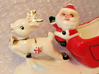 Vintage Japan Christmas Ceramic Santa Sleigh With Reindeer Planter