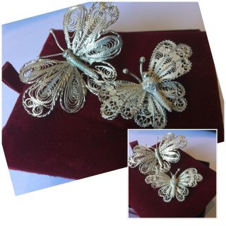 Vintage Jewellery Silver 800 Filigree Butterfly Brooch Pins