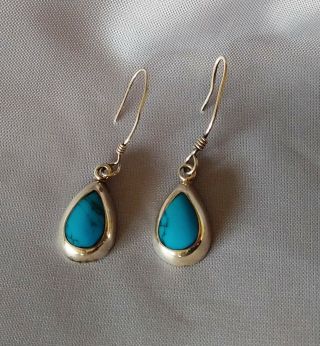 Vtg Old Pawn.  925 Sterling Silver Turquoise Tear Drop Dangle 1/2 " Earrings Mex