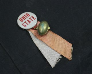 Vintage Ohio State Football Celluloid Pinback With Ribbons And Football Charm