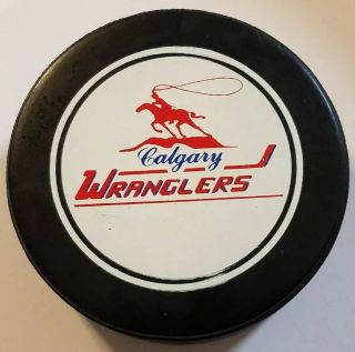 Vintage Calgary Wranglers Official Whl Hockey Game Puck Made In Canada Hole