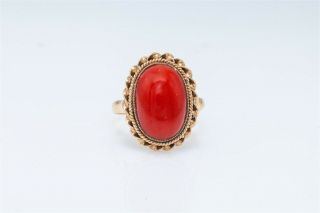 Antique 1950s Etruscan 20ct Natural Coral Gem 14k Yellow Gold Ring