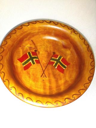 Vintage Wood Bowl Handmade Hand Painted In Norway Norwegian Flags Folk Art 5 1/2