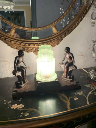 Antique Nude Figure Art Deco Table Lamp W/skyscraper Shade Vaseline Glass