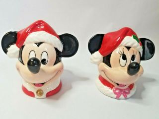 Vintage Disney Enesco Mickey And Minnie Mouse Santa Hats Salt & Pepper Shakers
